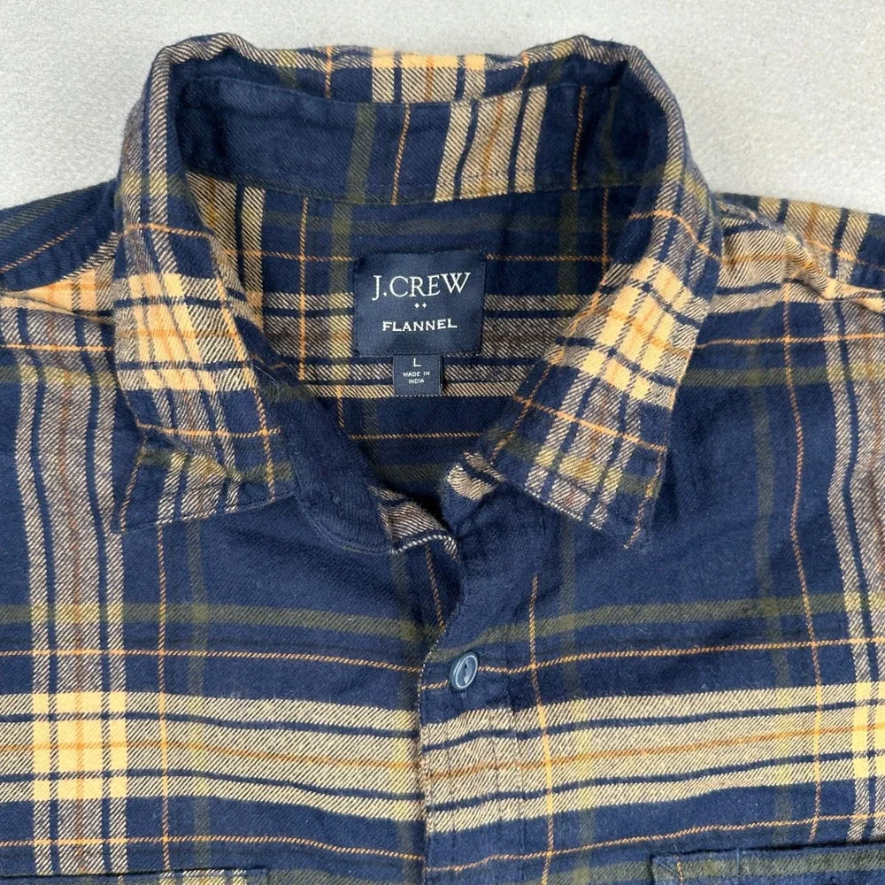 J.Crew Flannel Shirt Mens Large Navy Blue Yellow Plaid Cotton Button Down L
